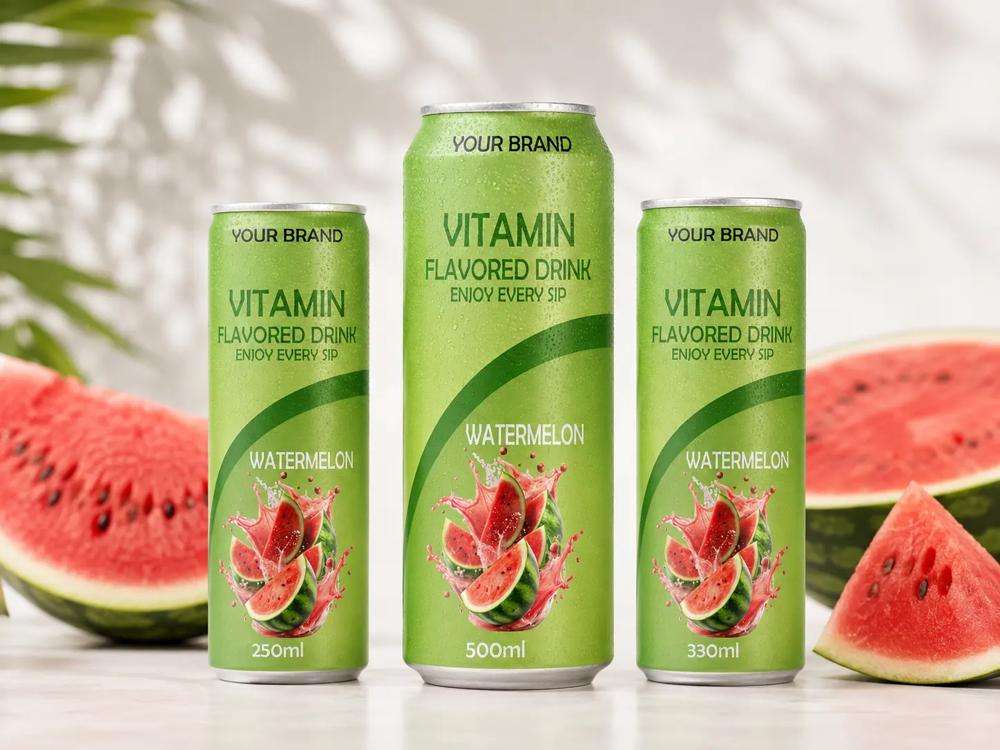 VITAMIN FLAVORED DRINK Watermelon flavour in 250ml, 500ml, and 330ml cans.